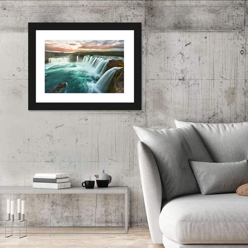 Goðafoss Waterfall at Golden Hour Wall Art in a room, landscape