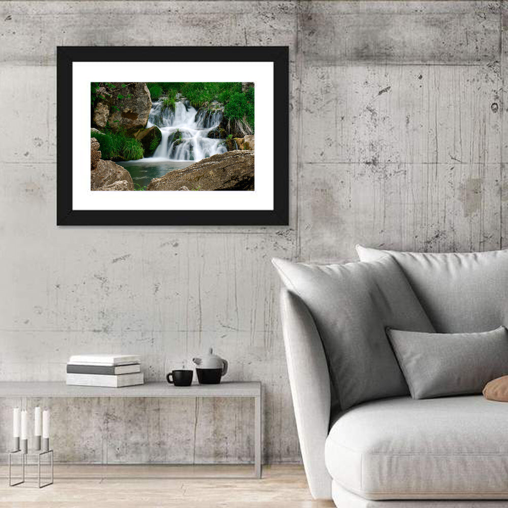 Moss Covered Rocky Waterfall Wall Art in a room, landscape