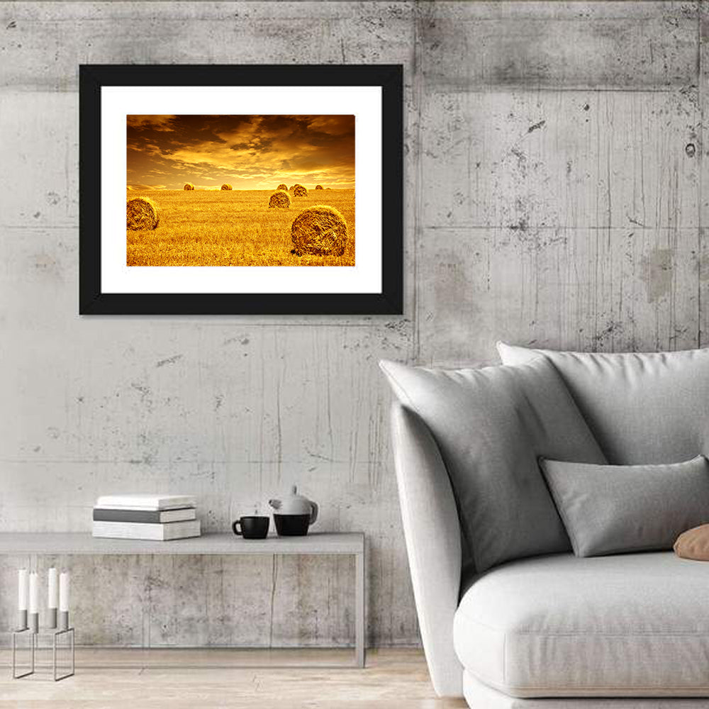 Golden Hour Haystacks Wall Art in a room, landscape