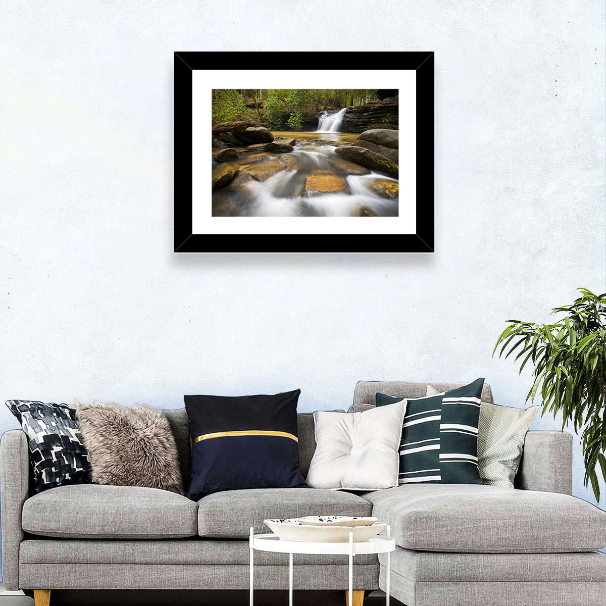 South Carolina Forest Waterfall Wall Art in a room, landscape