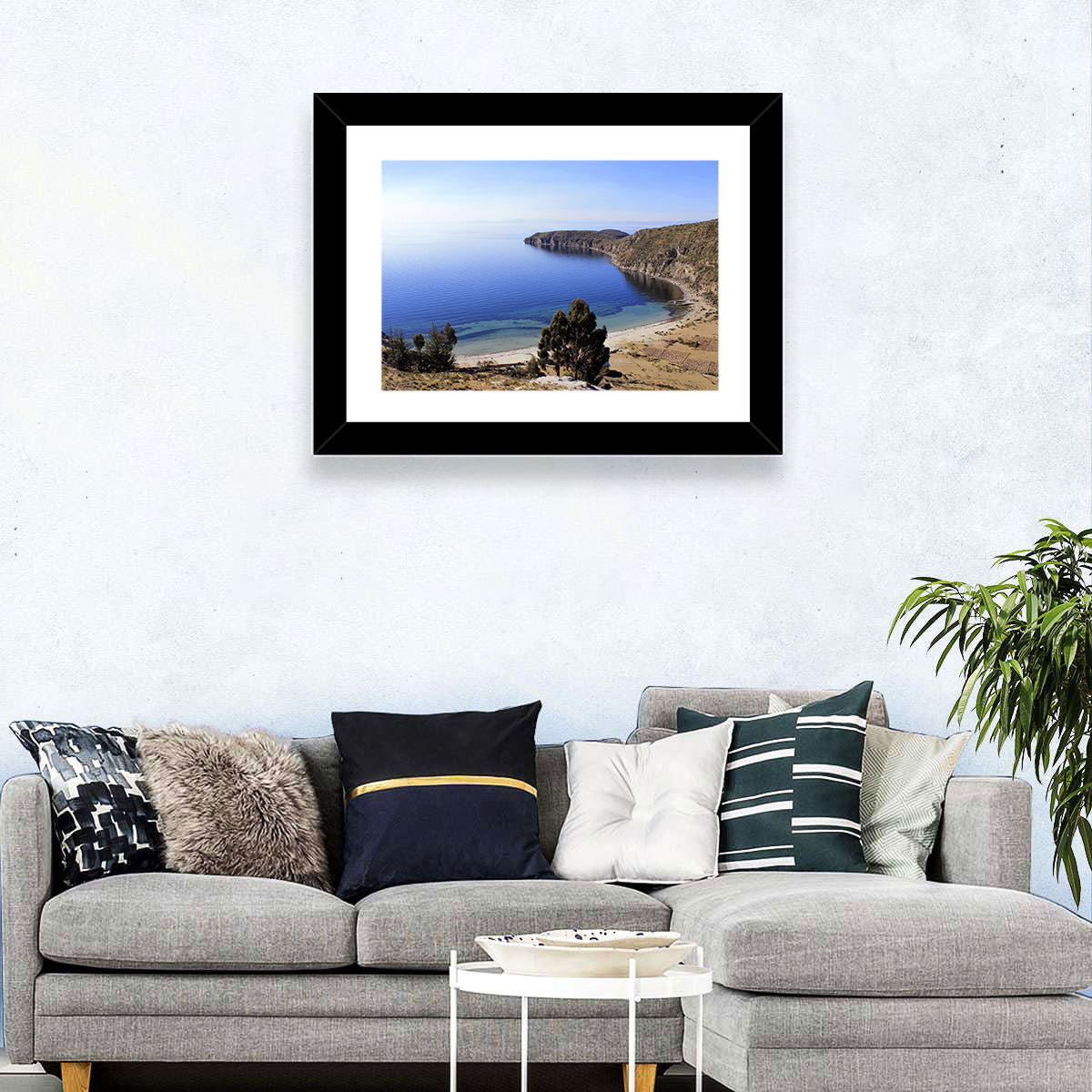Titicaca Cliffs and Turquoise Water Wall Art in a room, landscape