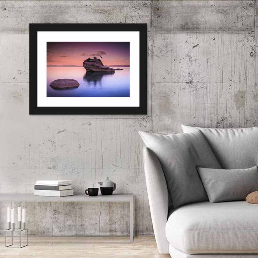 Bonsai Rock Sunrise Lake Tahoe Wall Art in a room, landscape
