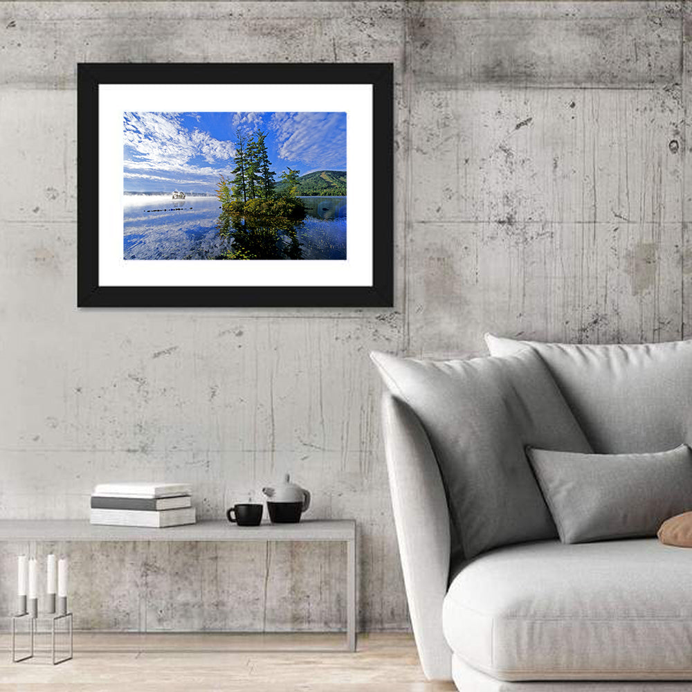 Misty Maine Lake Wall Art in a room, landscape