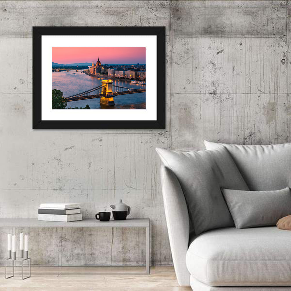 Budapest Chain Bridge at Twilight Wall Art in a room, landscape