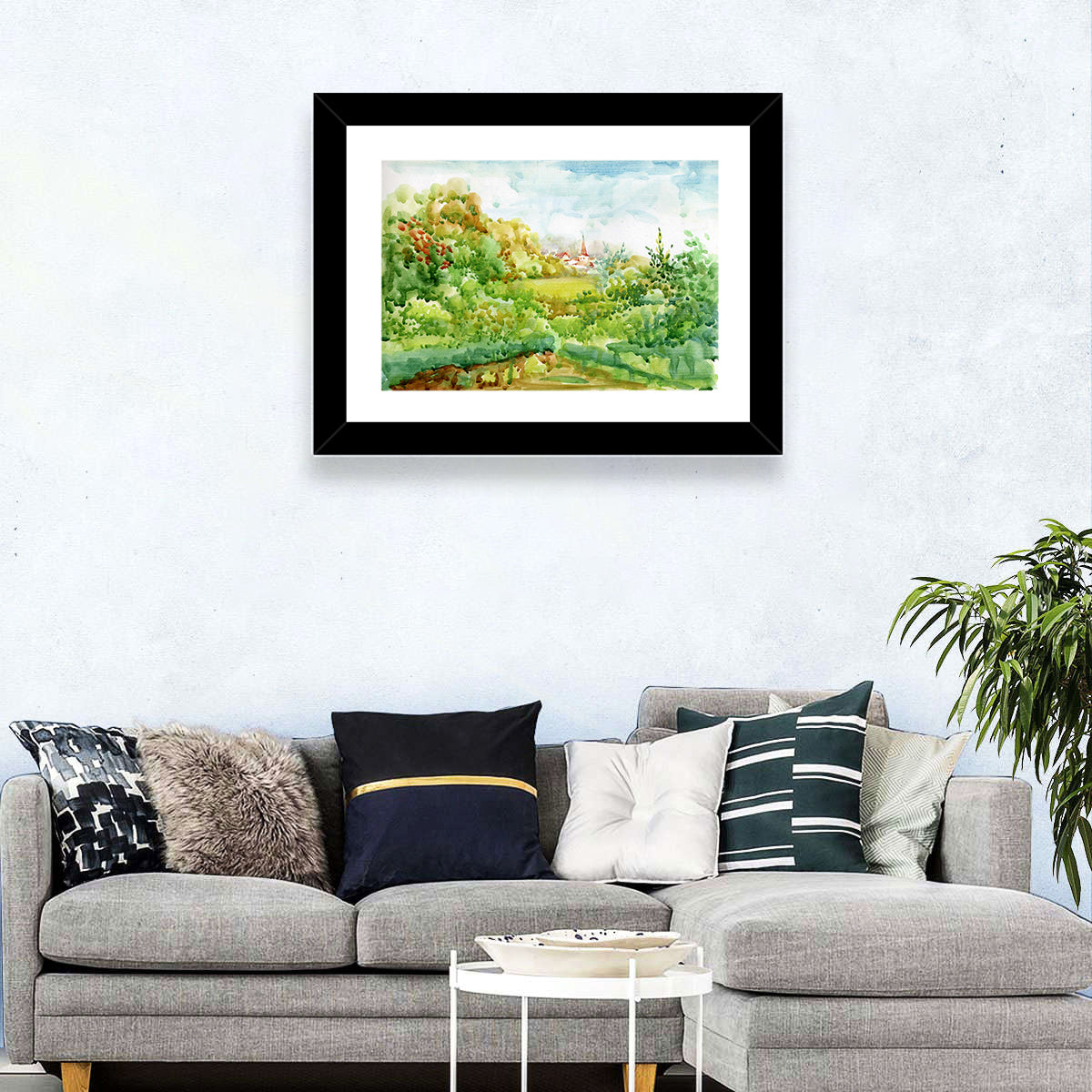 Red Steeple Village Watercolor Wall Art