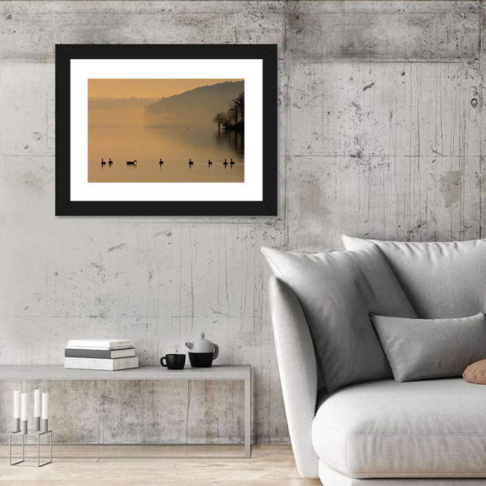 Lake Degray Geese Silhouette Wall Art in a room, landscape