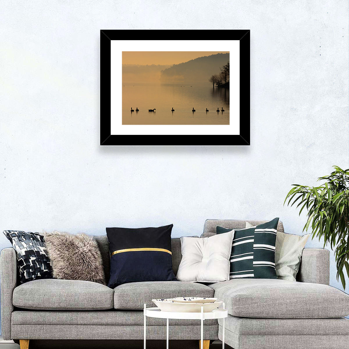 Lake Degray Geese Silhouette Wall Art in a room, landscape