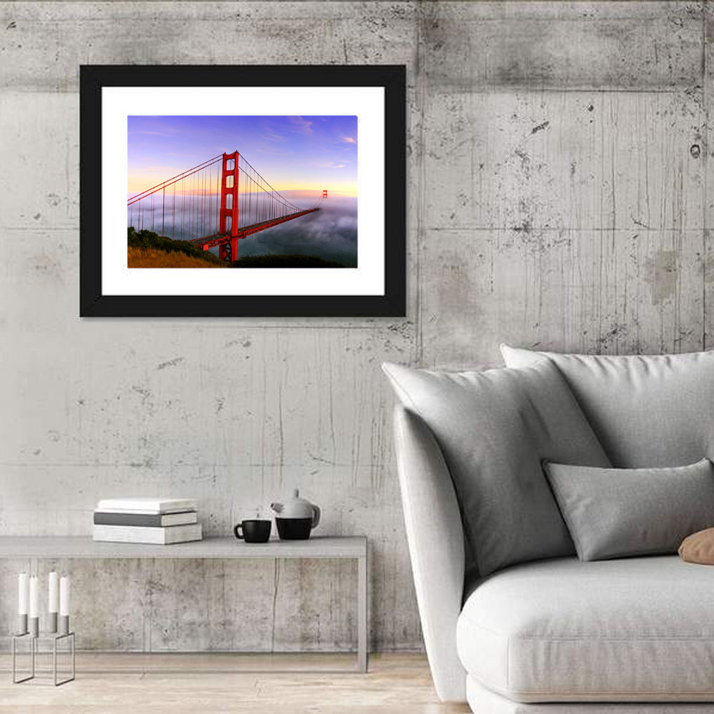 Foggy Golden Gate Bridge Wall Art in a room, landscape