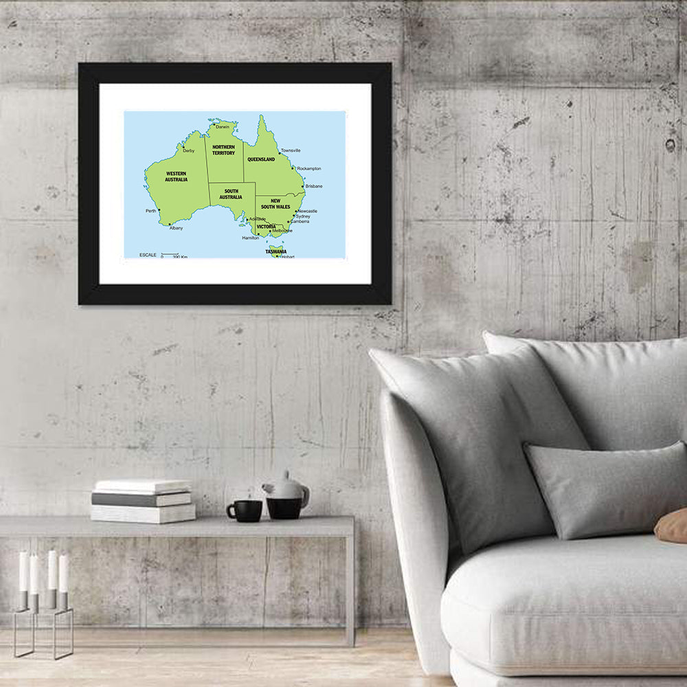 Minimalist Australia Map with State Labels Wall Art