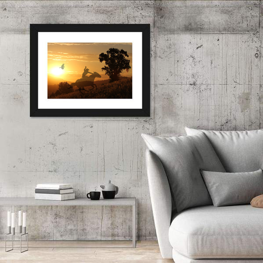 Cowboy Silhouette at Golden Sunset Wall Art