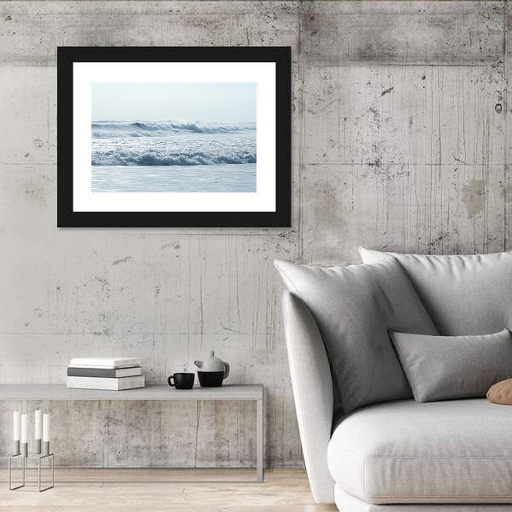 Misty Horizon Ocean Waves Wall Art in a room, landscape