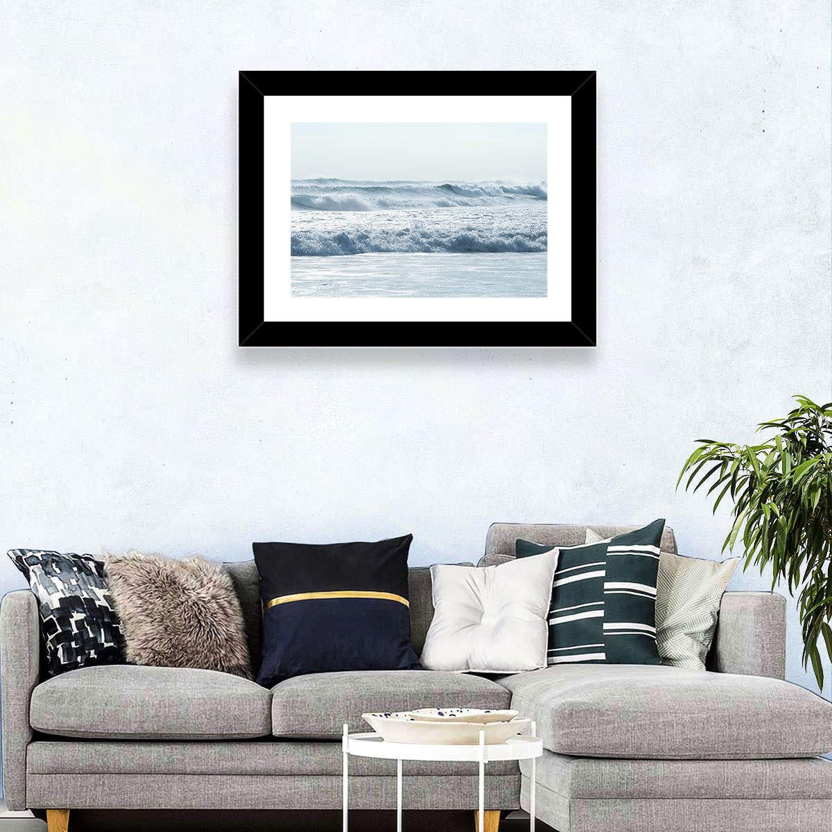 Misty Horizon Ocean Waves Wall Art in a room, landscape