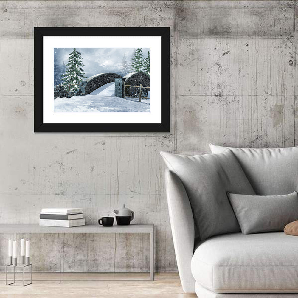 Snowy Stone Bridge in Winter Forest Wall Art in a room, landscape