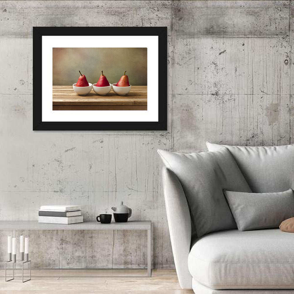 Three Red Pears in Bowls Wall Art in a room, landscape