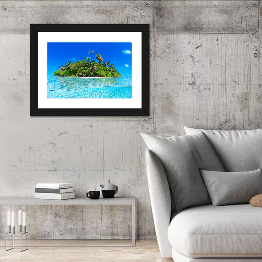 Tropical Island Lagoon Split-level Seascape Wall Art in a room, landscape