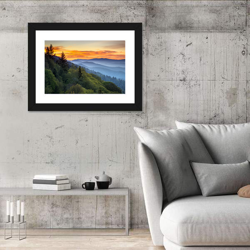 Great Smoky Mountains Sunset Wall Art in a room, landscape