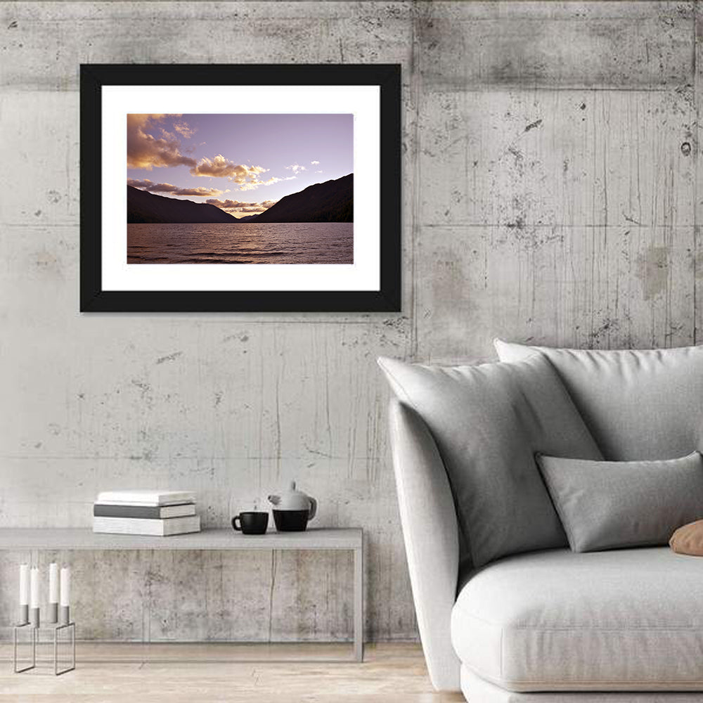 Purple Sunset Over Lake Crescent Wall Art in a room, landscape