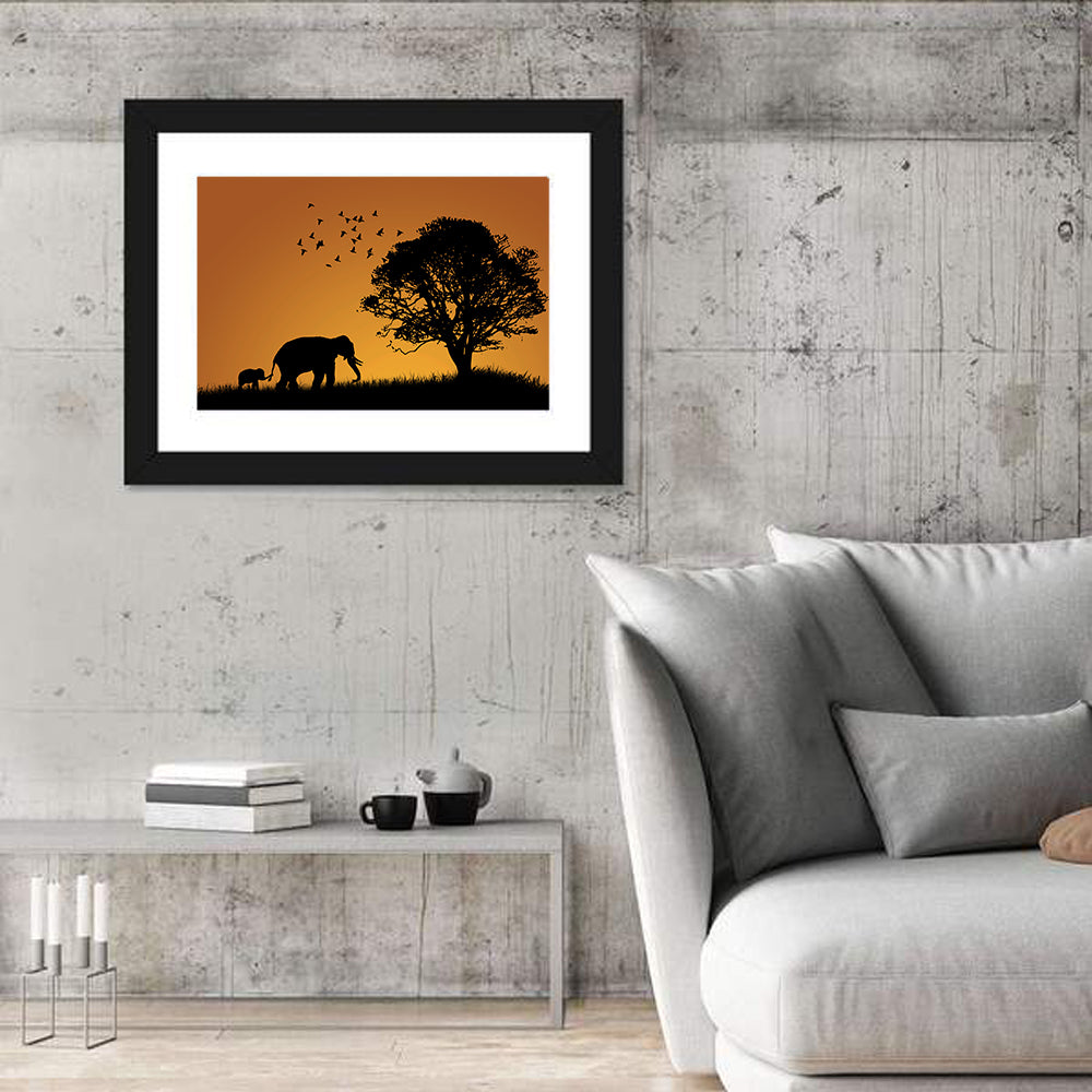 Elephant Family at Golden Sunset Wall Art