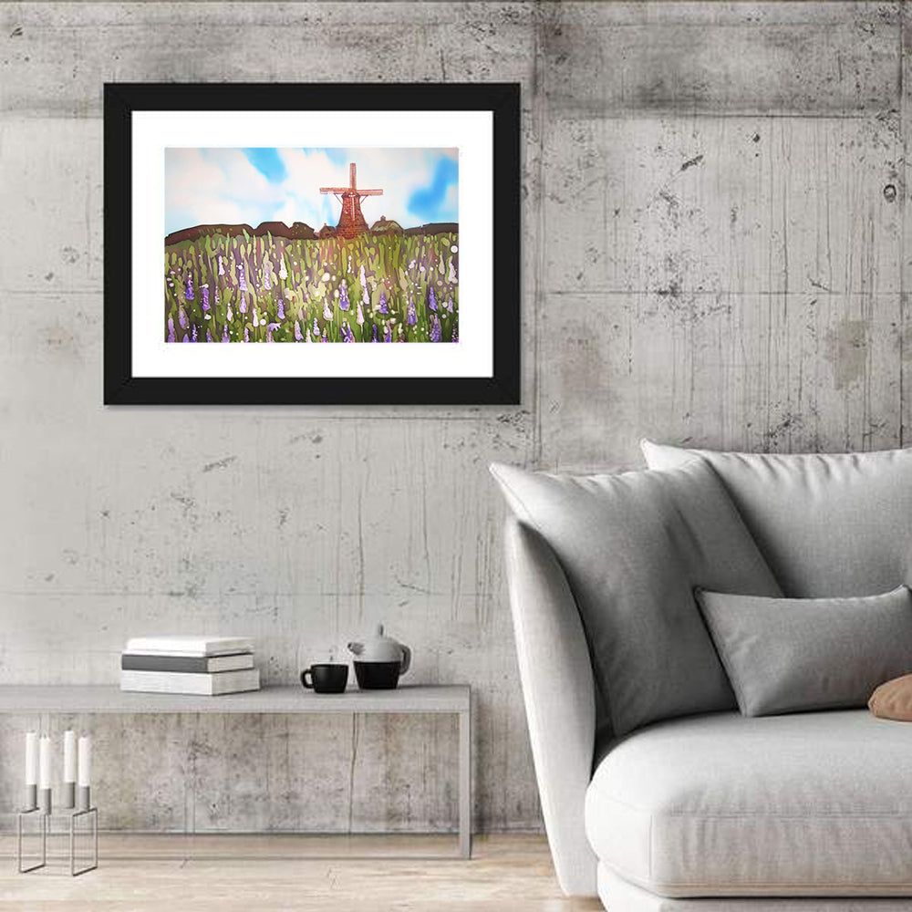 Ink Wash Windmill in Blooming Field Wall Art in a room, landscape