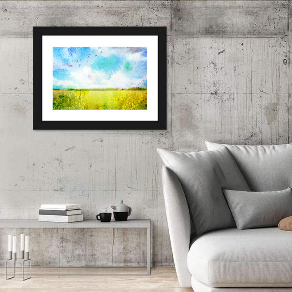 Watercolor Wildflower Field Wall Art in a room, landscape