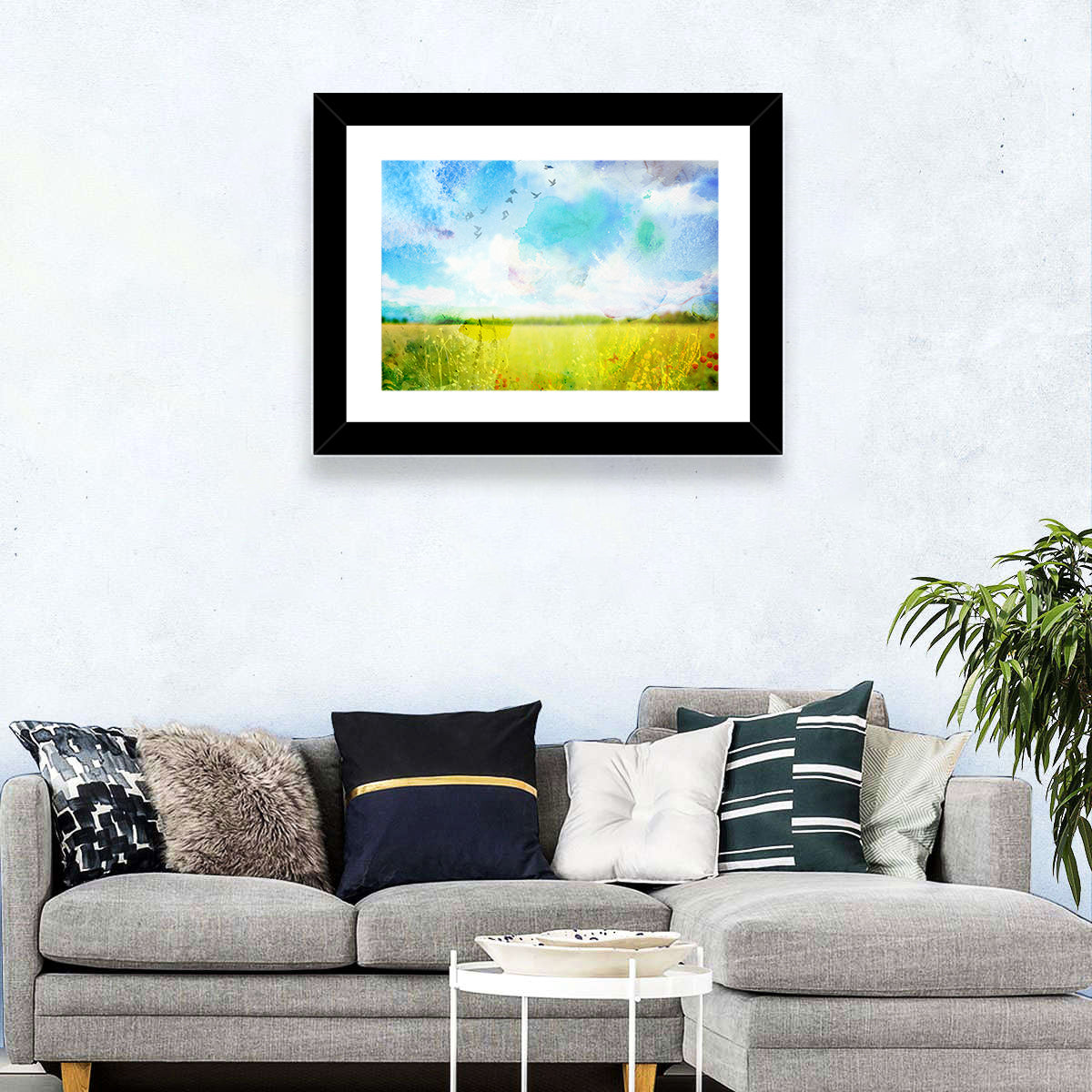 Watercolor Wildflower Field Wall Art in a room, landscape