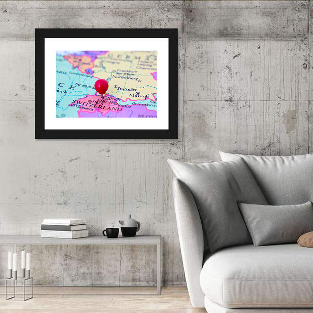 Zurich Map with Red Pin Wall Art in a room, landscape