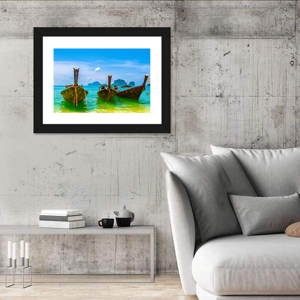Three Long-tail Boats on Turquoise Water Wall Art