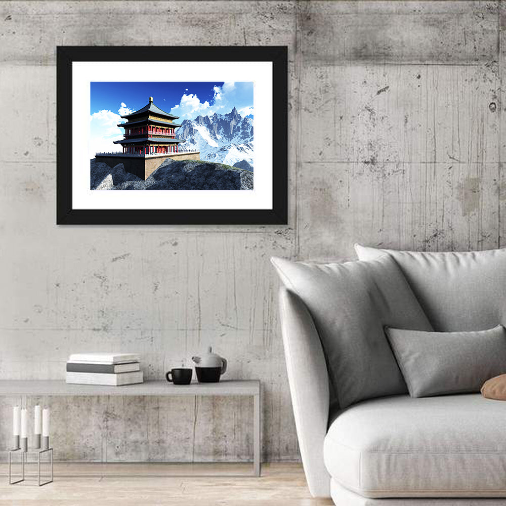 Sunlit Pagoda and Snow Peaks Wall Art in a room, landscape