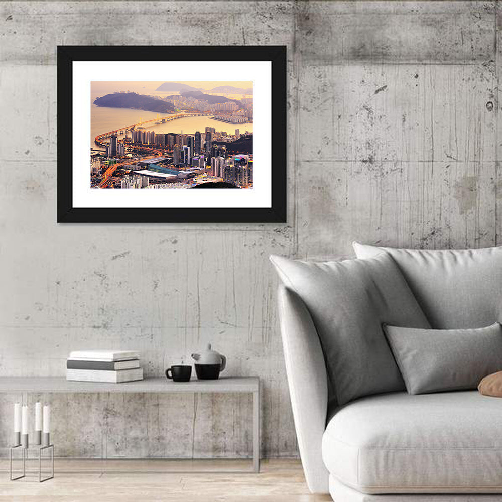 Busan Dusk Aerial Skyline with Gwangan Bridge Wall Art in a room, landscape