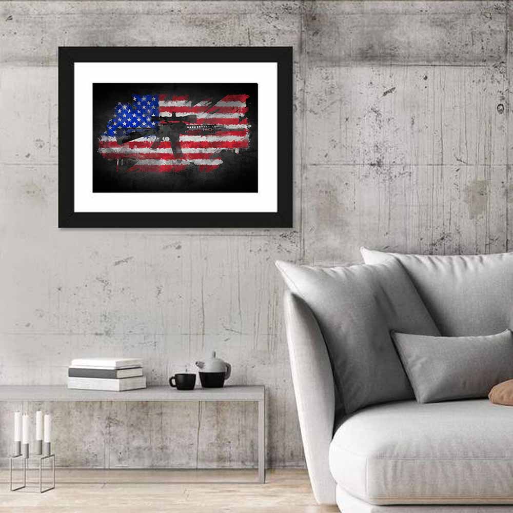 M16 Over Distressed American Flag Wall Art in a room, landscape