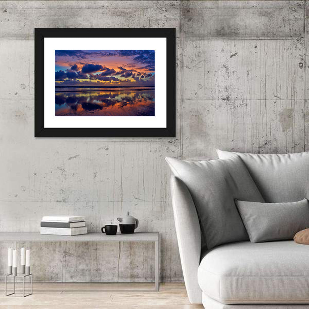 Dusk Beach Reflections Wall Art in a room, landscape
