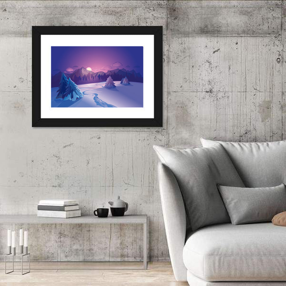 Lavender Winter Mountain Illustration Wall Art in a room, landscape