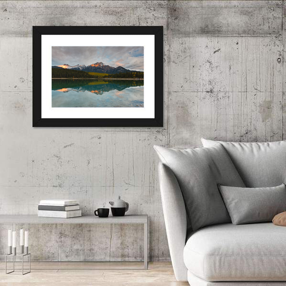 Patricia Lake Golden Hour Reflection Wall Art in a room, landscape