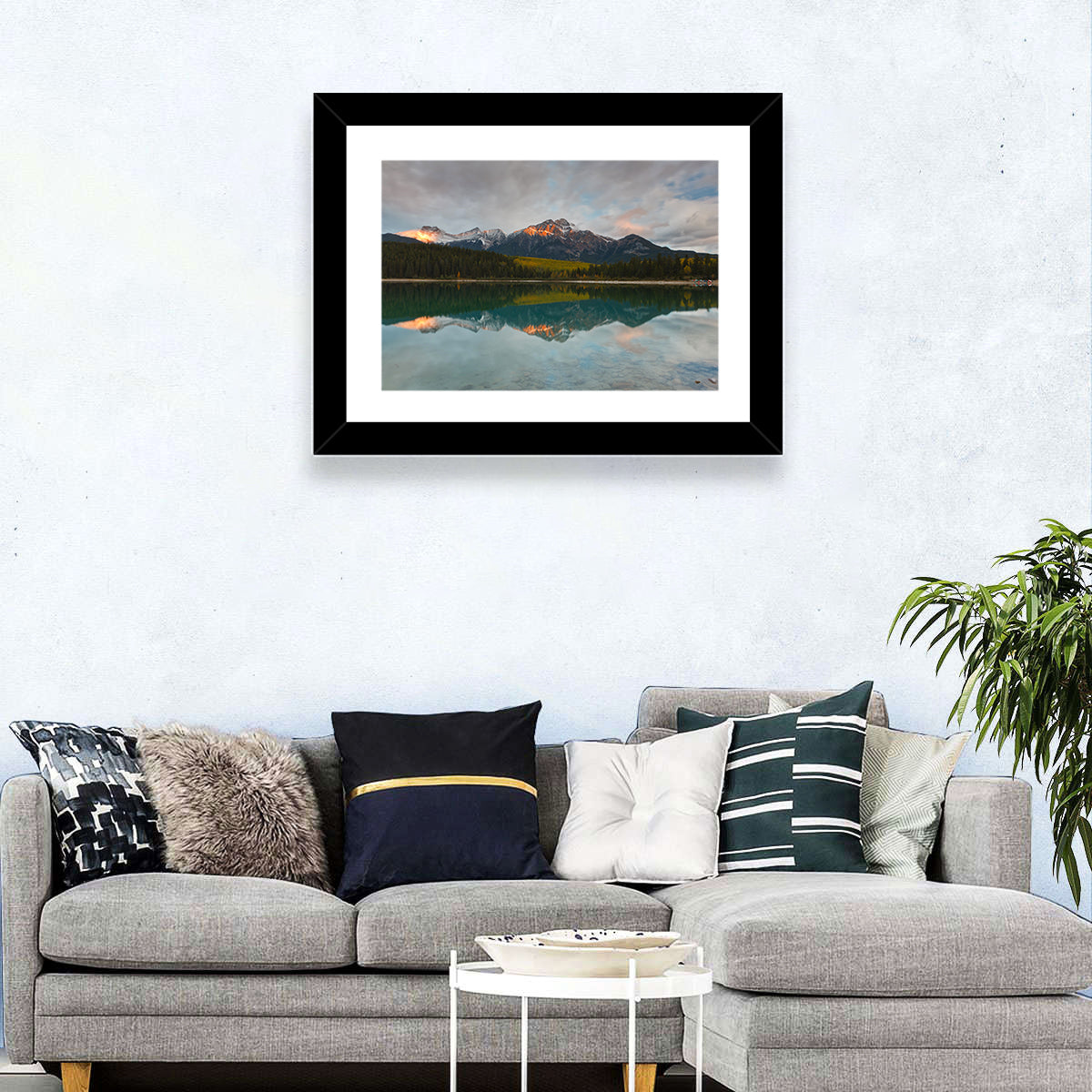 Patricia Lake Golden Hour Reflection Wall Art in a room, landscape
