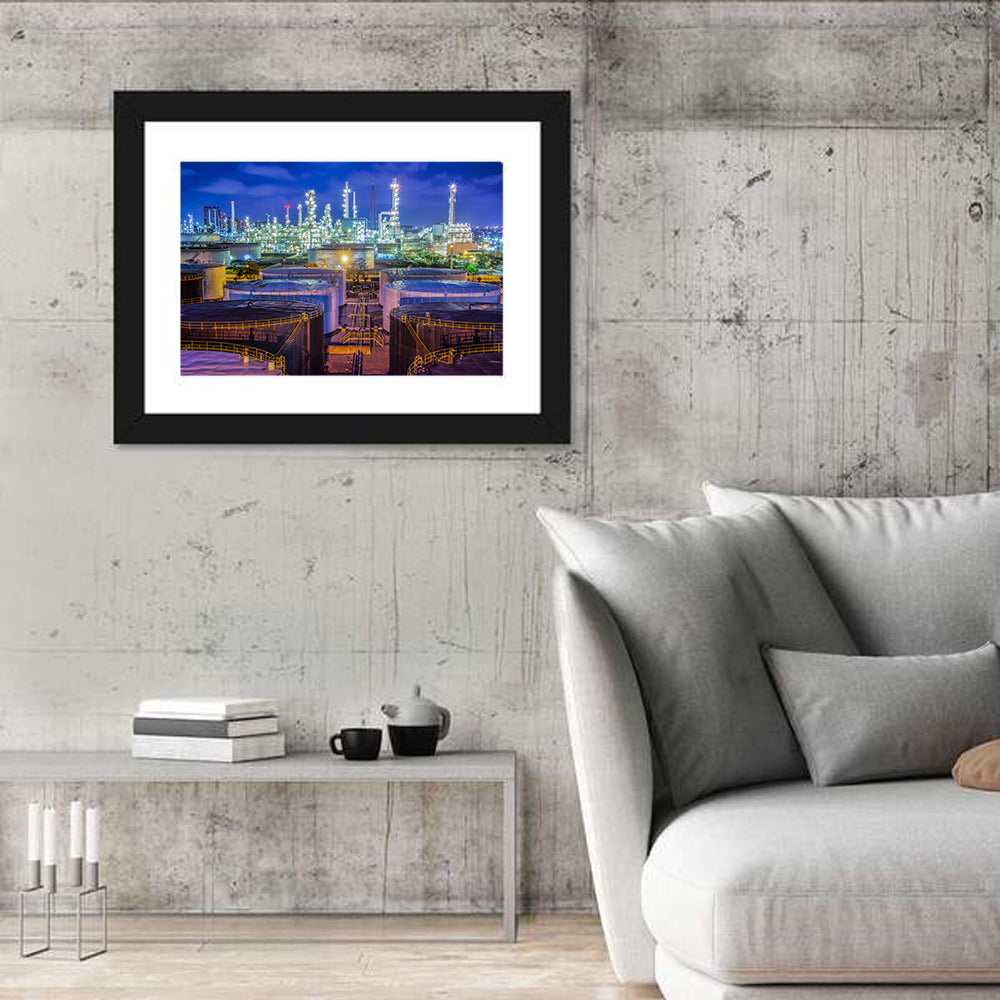 Illuminated Oil Refinery at Twilight Wall Art in a room, landscape