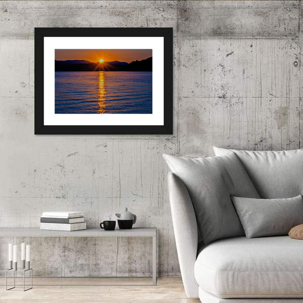 Lake Jocassee Golden Sunrise Wall Art in a room, landscape