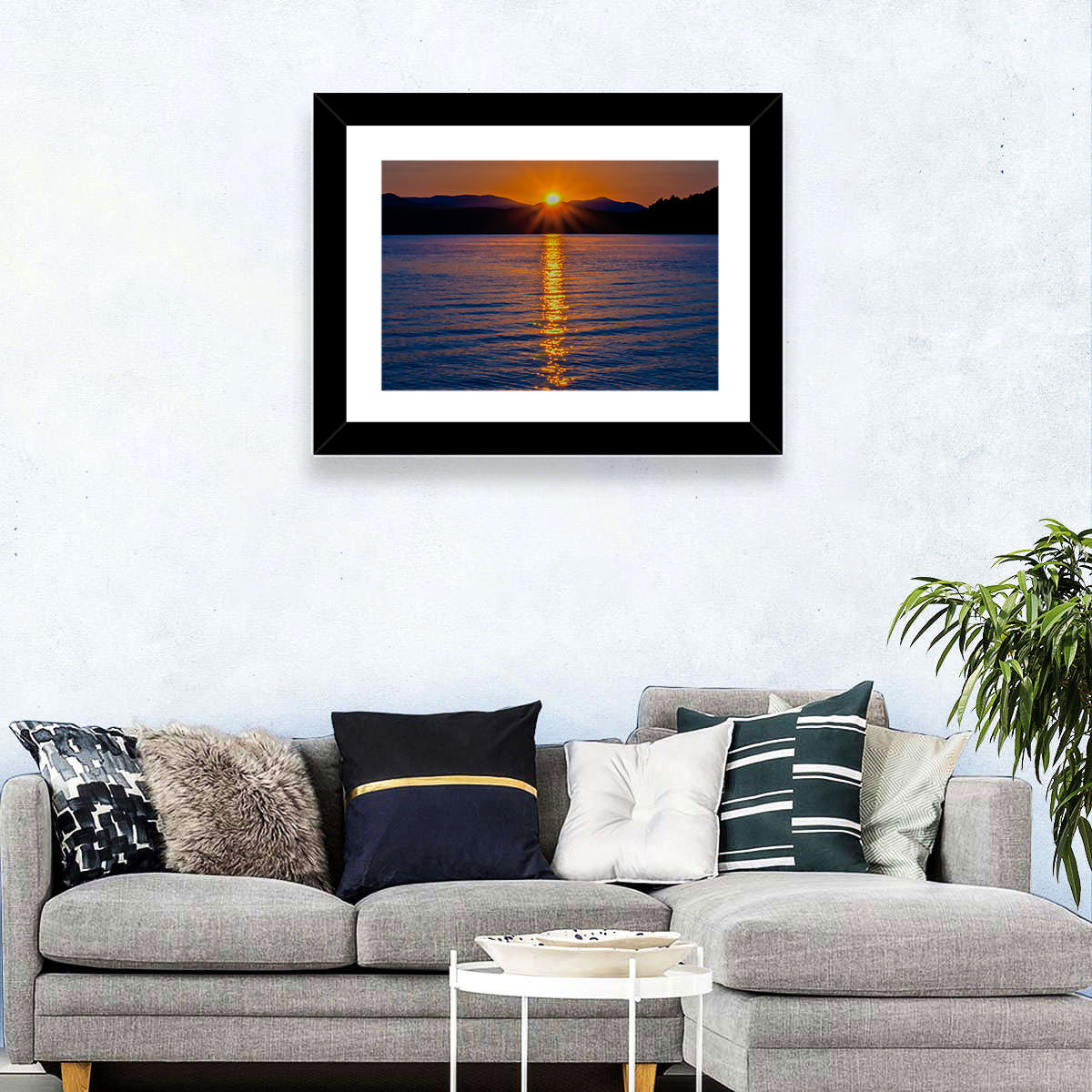 Lake Jocassee Golden Sunrise Wall Art in a room, landscape