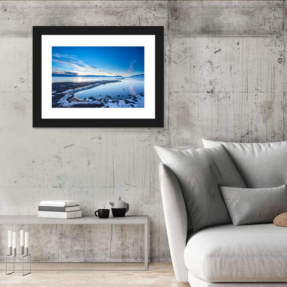 Lake Kleifarvatn Icy Shoreline Wall Art in a room, landscape