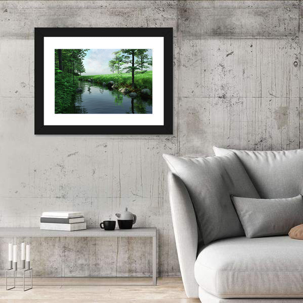 Tranquil Meadow Stream with Wildflowers Wall Art in a room, landscape