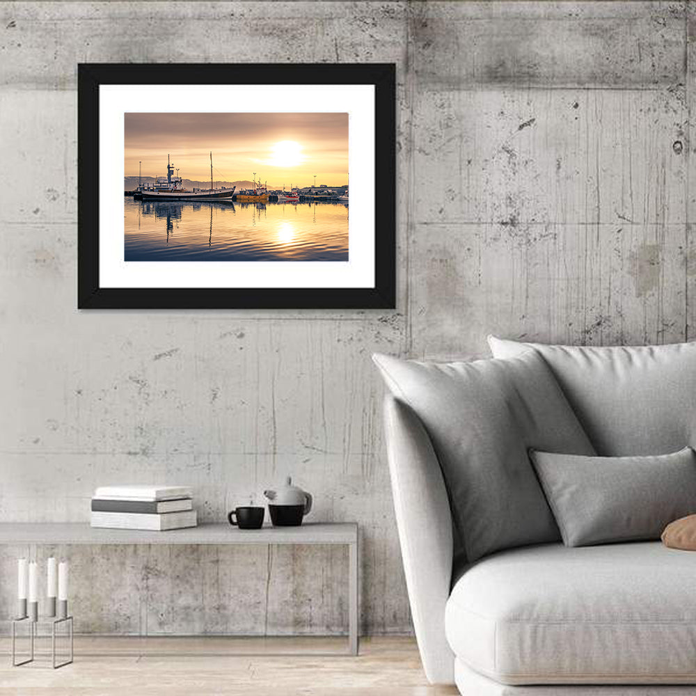 Husavik Harbor at Golden Hour Wall Art in a room, landscape