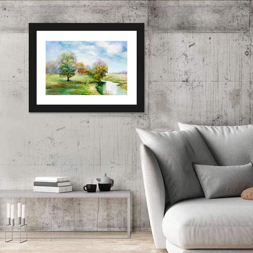 Spring Cottage by the Stream Wall Art in a room, landscape