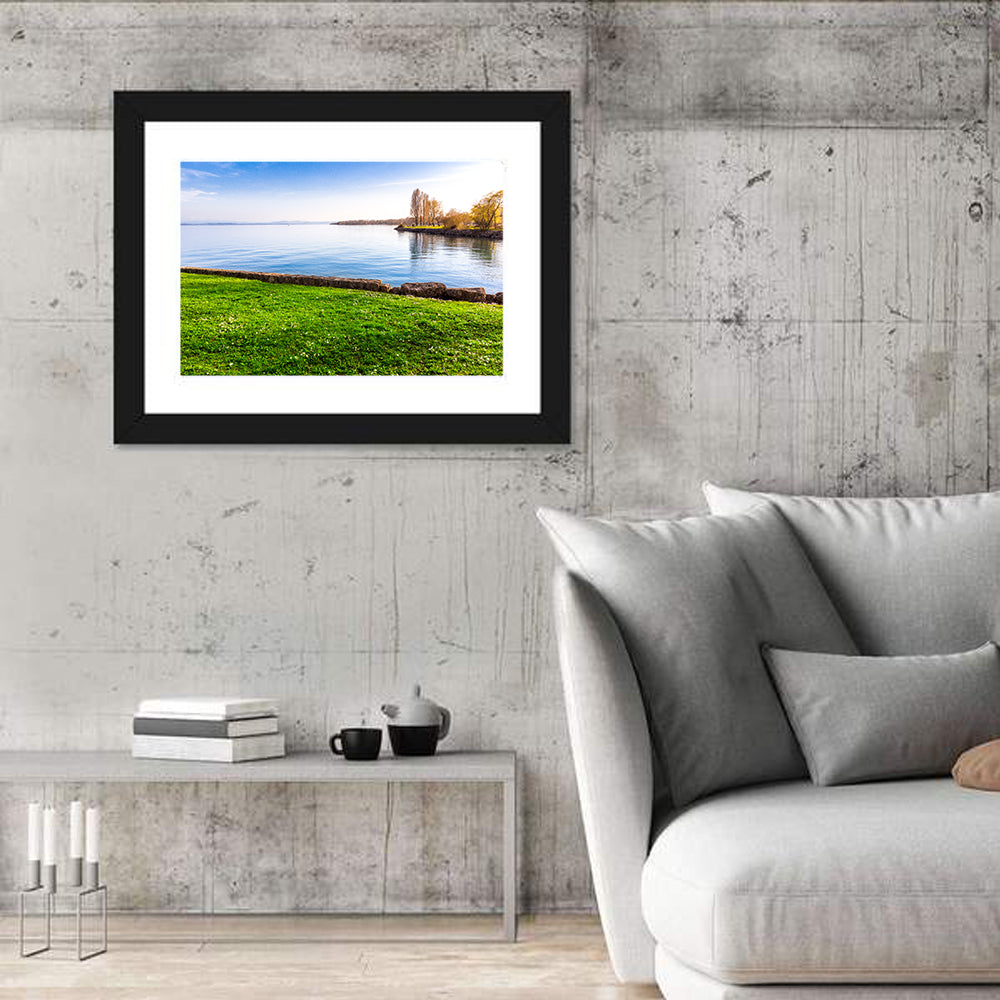 Lake Neuchatel Meadow Wall Art in a room, landscape