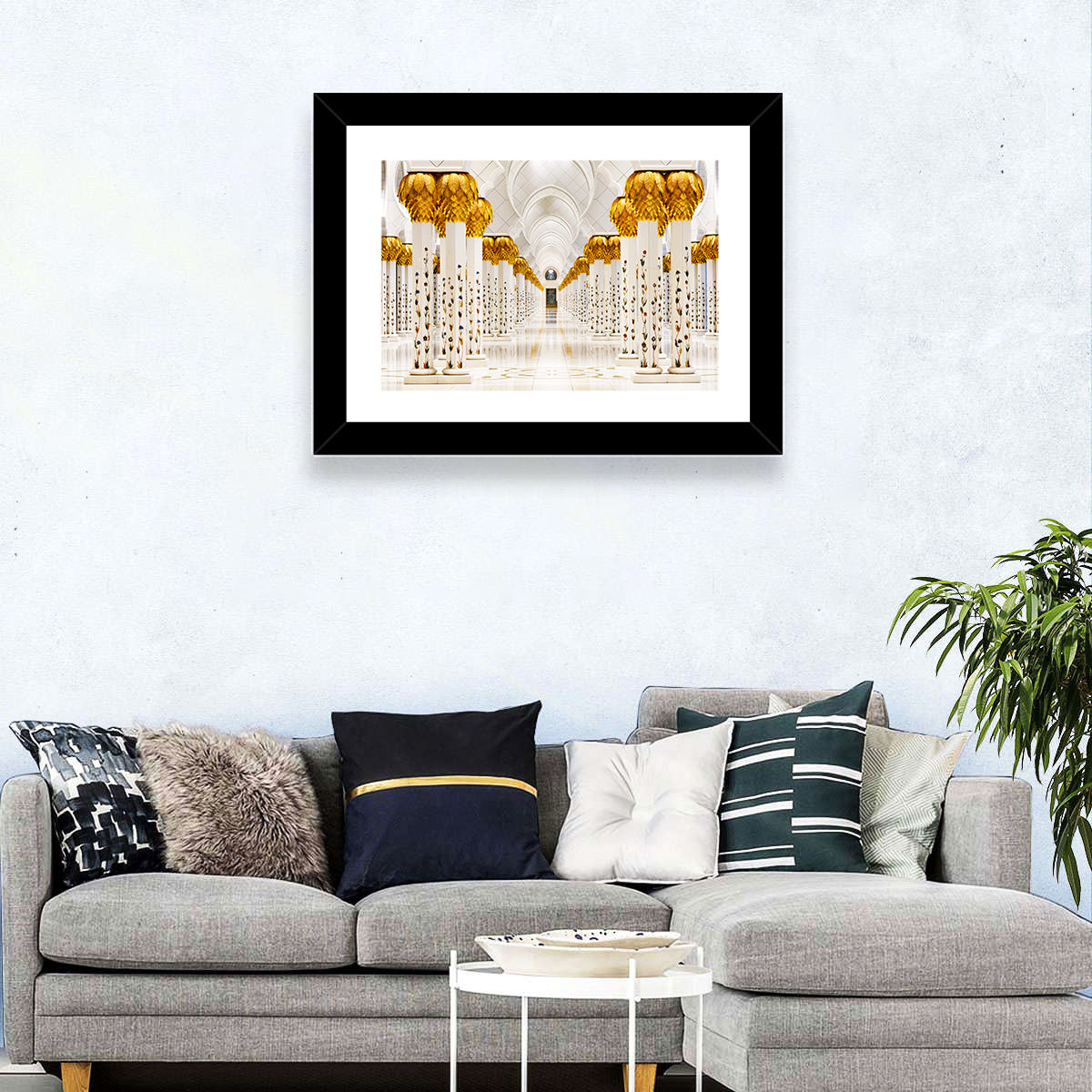 Sheikh Zayed Grand Mosque Colonnade Wall Art in a room, landscape
