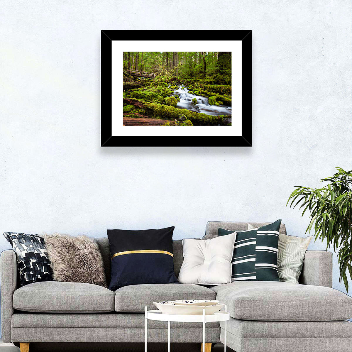 Mossy Cascade Forest Stream Wall Art in a room, landscape