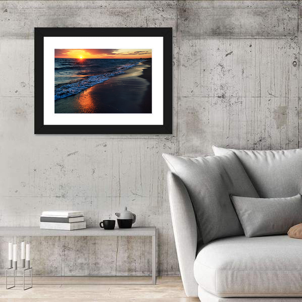 Lake Balkhash Golden Dusk Wall Art in a room, landscape