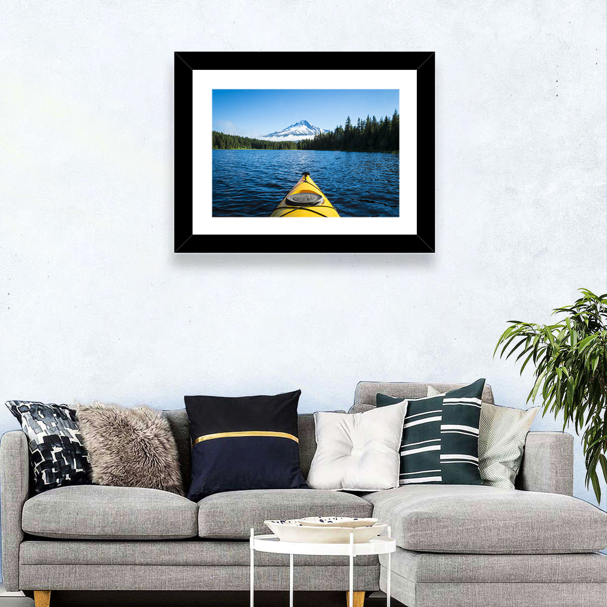 Yellow Kayak at Trillium Lake Wall Art in a room, landscape