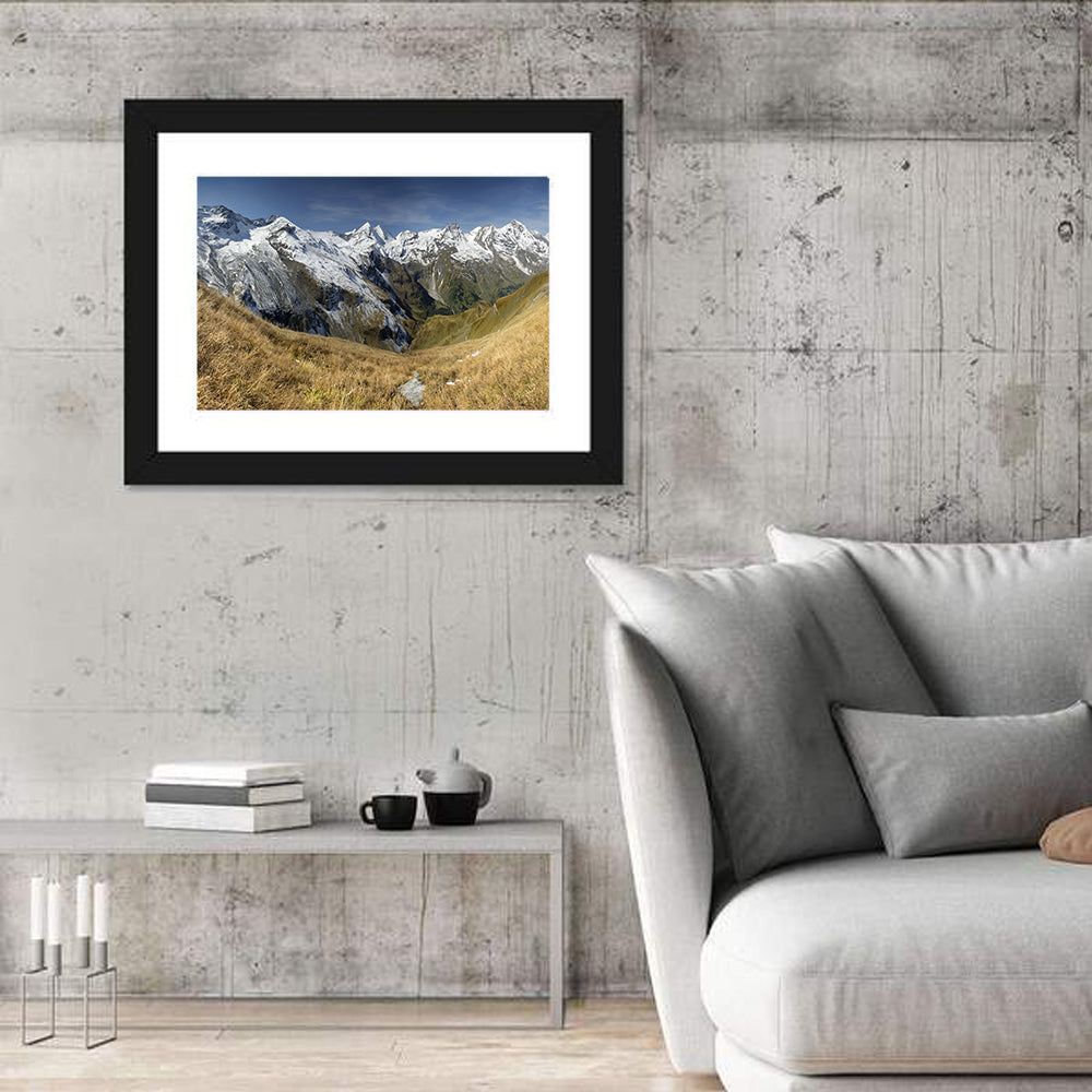 Crisp Alpine Valley with Snow-capped Peaks Wall Art in a room, landscape