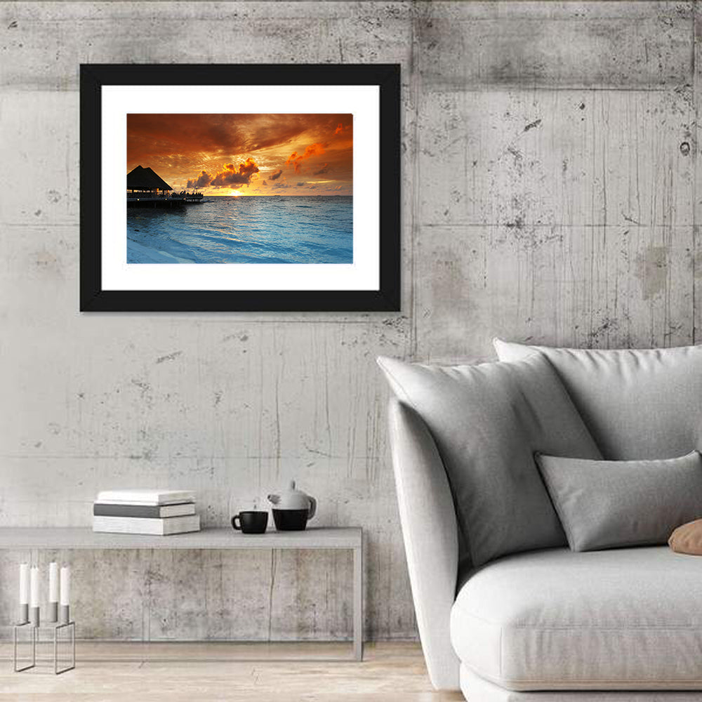 Overwater Bungalow Sunset Pier Wall Art