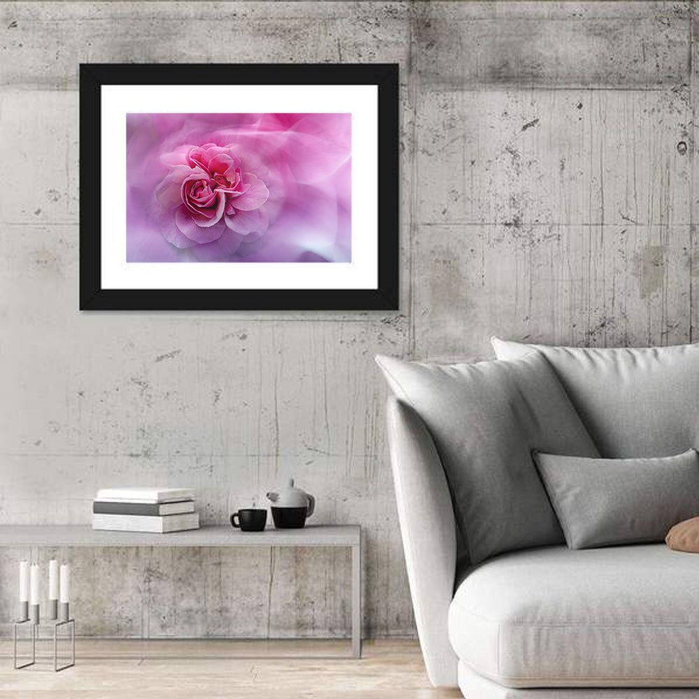 Ethereal Pink Rose Bloom Wall Art in a room, landscape
