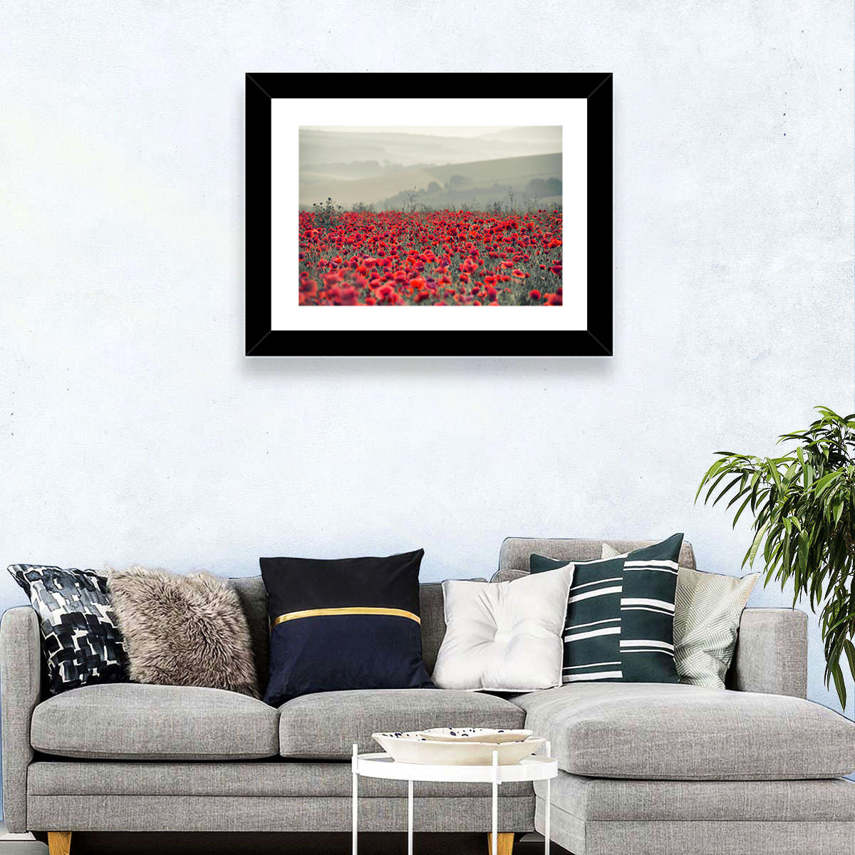 Red Poppy Field Wall Art in a room, landscape